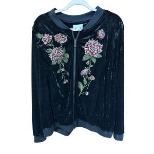 Belle by Kim Gravel Black Crushed Velvet Floral Embroidered Bomber Jacket XL